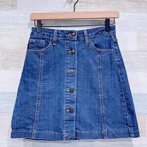 JustBlack Denim Button Front Mini Skirt Blue Dark Wash Stretch Cotton Womens XS